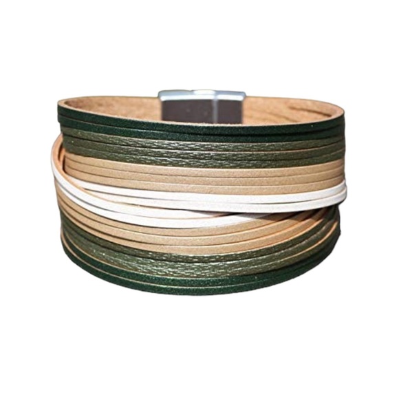 Retro Wide Green Leather Cuff Bracelet Magnetic Clasp , Wide Bangle Bracelet - Picture 6 of 6